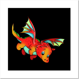 Cute Orange Flying Cartoon Baby Dragon Posters and Art